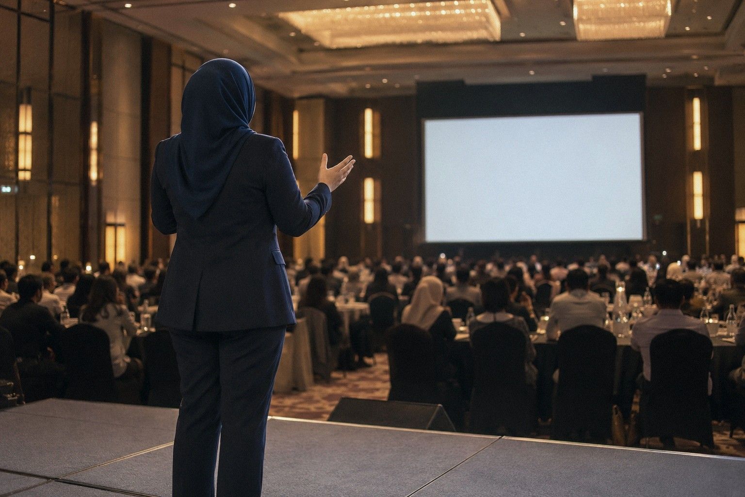 Seorang penceramah bertudung di pentas dewan hotel, dilihat dari belakang, penonton memenuhi meja bulat